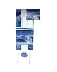 Embroidered Raw Silk Tallit  - Jerusalem (Blue)- Yair Emanuel Collection