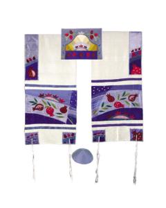 Embroidered Raw Silk Tallit  - Pomegranates (Blue)- Yair Emanuel Collection