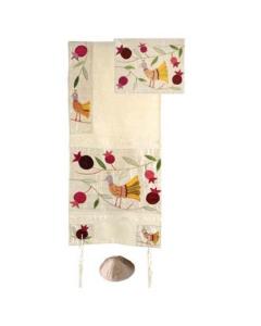 Embroidered Raw Silk Tallit  - Birds (Gold) - Yair Emanuel Collection