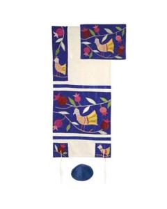 Embroidered Raw Silk Tallit  - Birds (Blue) - Yair Emanuel Collection