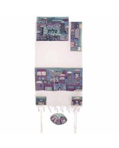 Embroidered Tallit  - Jerusalem (Blue) - Yair Emanuel Collection