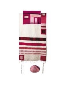 Raw Silk Tallit with stripes  - (Maroon on White) - Yair Emanuel Collection