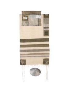 Raw Silk Tallit with stripes  - (Grey on White) - Yair Emanuel Collection