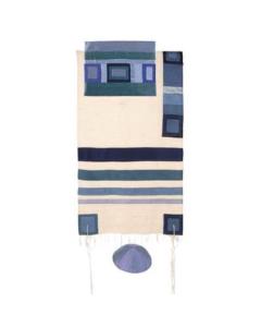 Raw Silk Tallit with stripes  - (Blue) - Yair Emanuel Collection