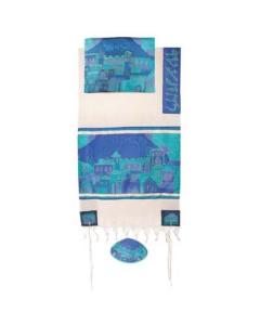Cotton and Silk Tallit  - Jerusalem Gate (Blue) - Yair Emanuel Collection