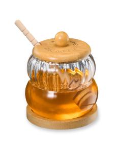 Glass Honey Jar with Wood Lid & Stand and Honey Dipper