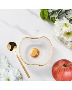 Apple Shaped Frosted Glass Honey Dish With Gold Spoon