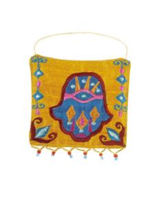 Embroidered Wall Decoration - Jerusalem Hamsa Orange