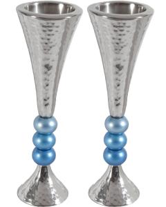 Anodized Aluminum Beaded Stem Hammered Candlesticks - Silver/Turquoise  (Yair Emanuel Collection)