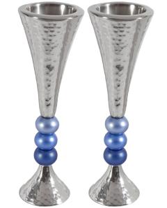 Anodized Aluminum Beaded Stem Hammered Candlesticks - Silver/Blues (Yair Emanuel Collection)