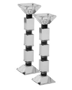 Set Of 2 Crystal Candlesticks Crystal And Black Rectangular Pattern 10"