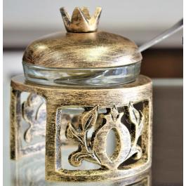 Honey Dish Pomegranate Shape Stainless Steel Brushed Gold On Stand w Spoon